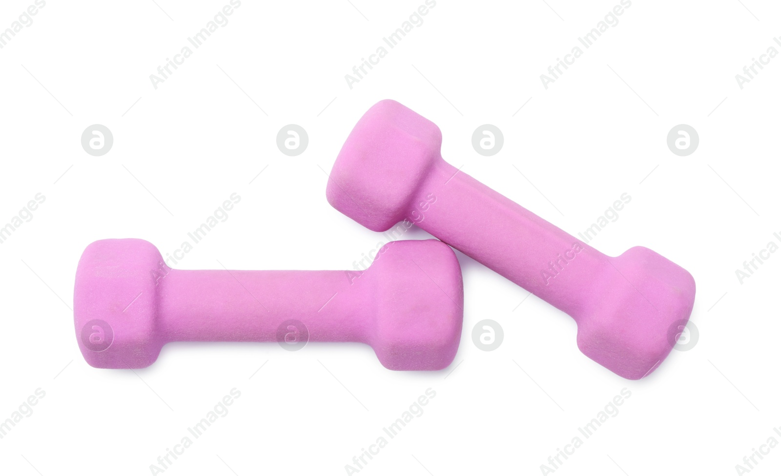 Photo of Violet dumbbells isolated on white, top view. Sports equipment