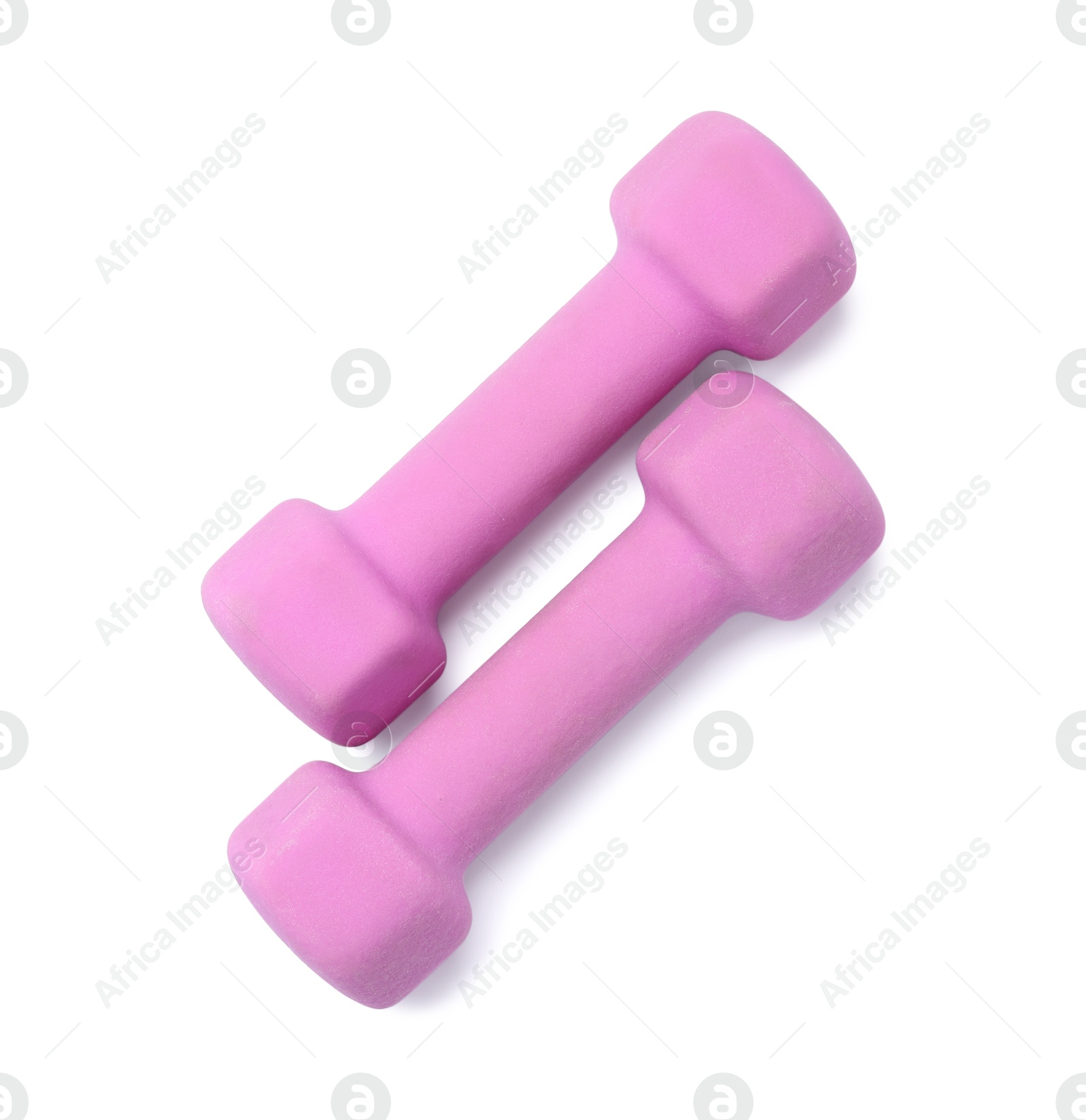 Photo of Violet dumbbells isolated on white, top view. Sports equipment