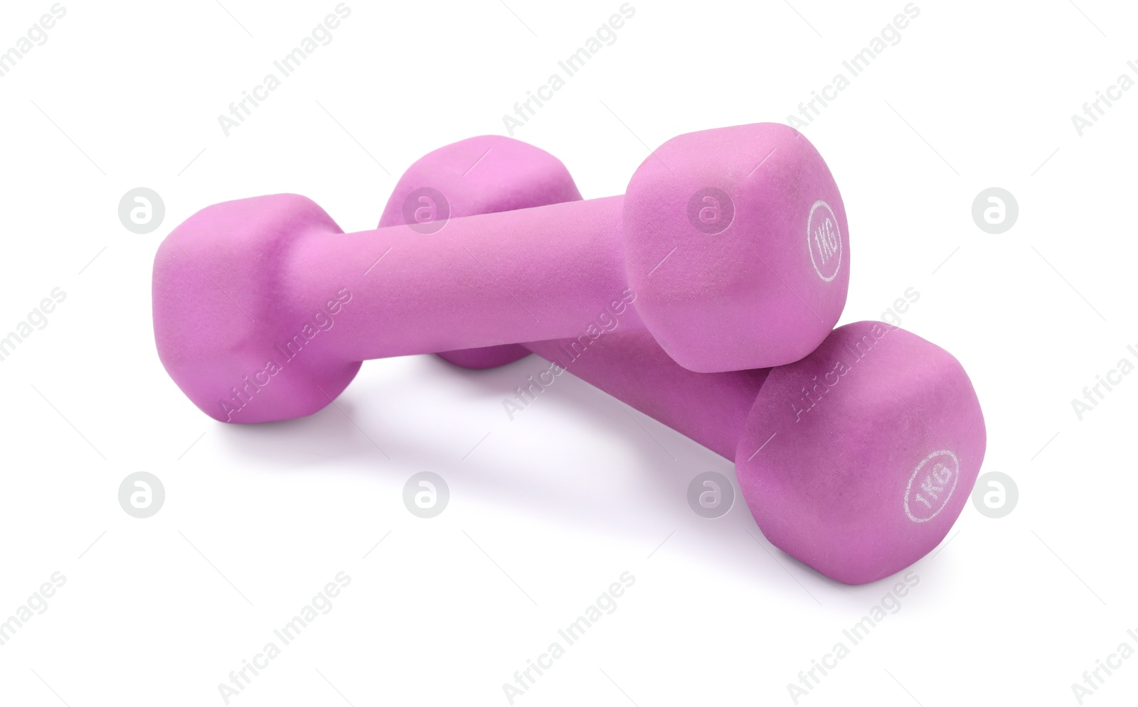 Photo of Violet dumbbells isolated on white. Sports equipment