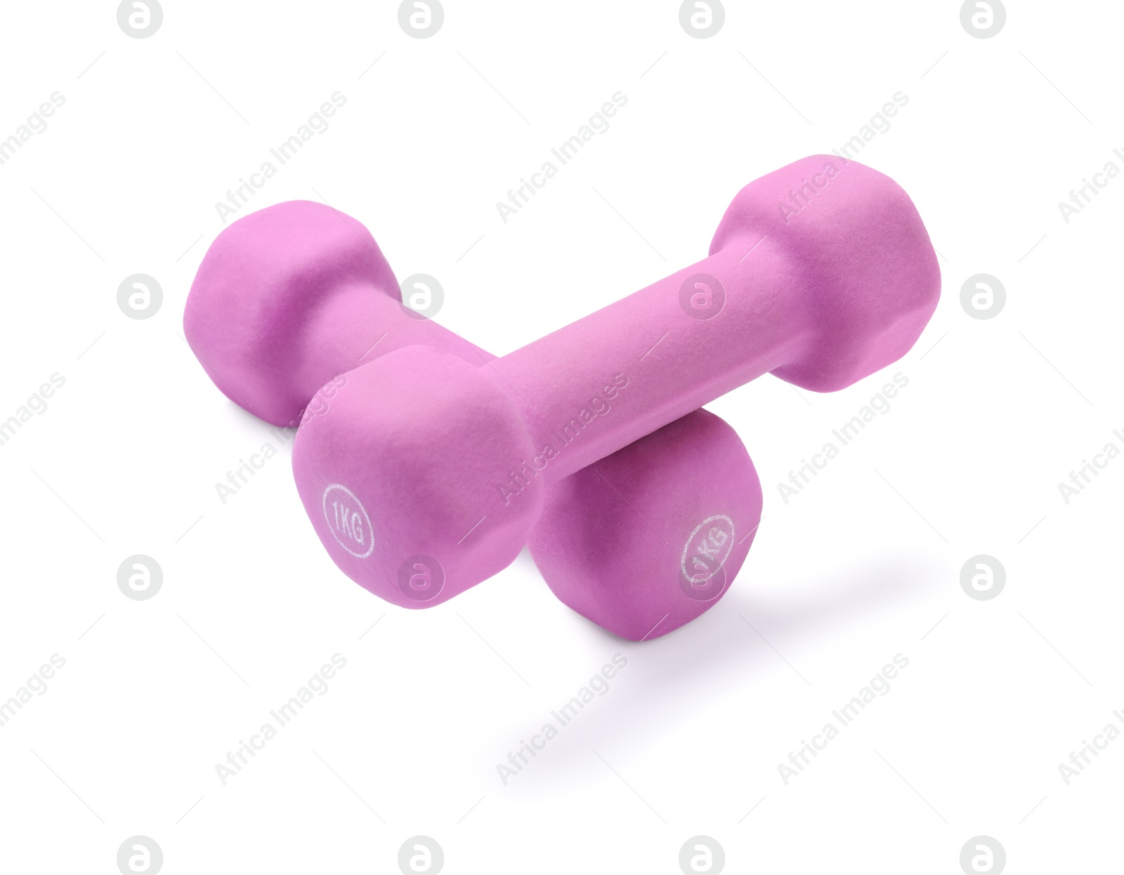 Photo of Violet dumbbells isolated on white. Sports equipment