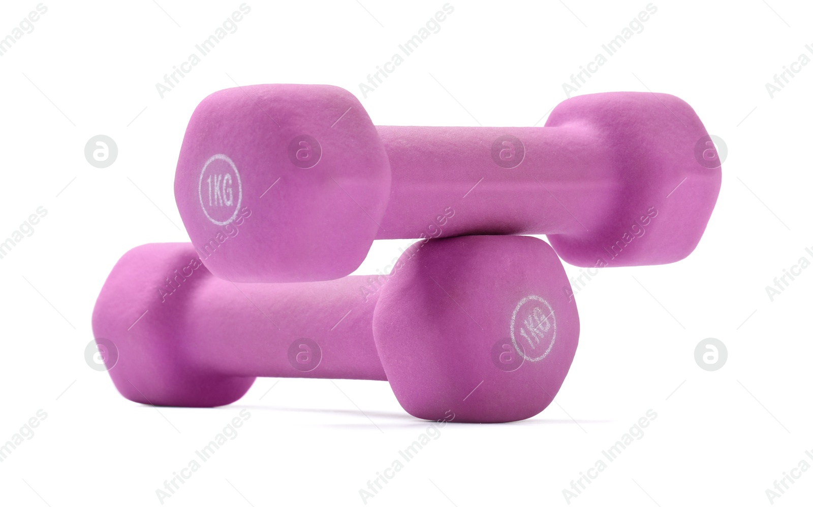 Photo of Violet dumbbells isolated on white. Sports equipment
