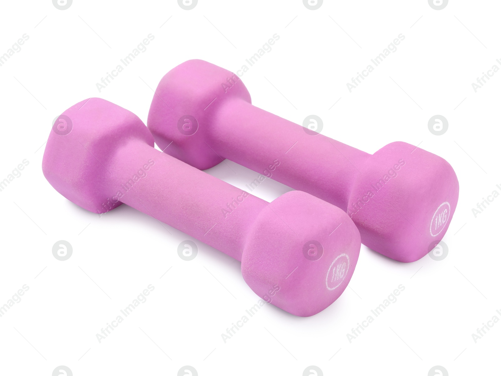 Photo of Violet dumbbells isolated on white. Sports equipment