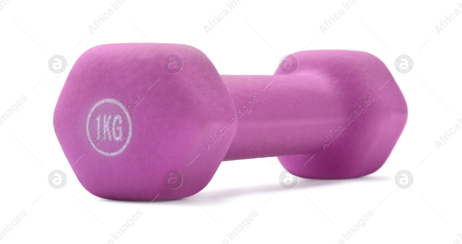 Photo of Violet dumbbell isolated on white. Sports equipment