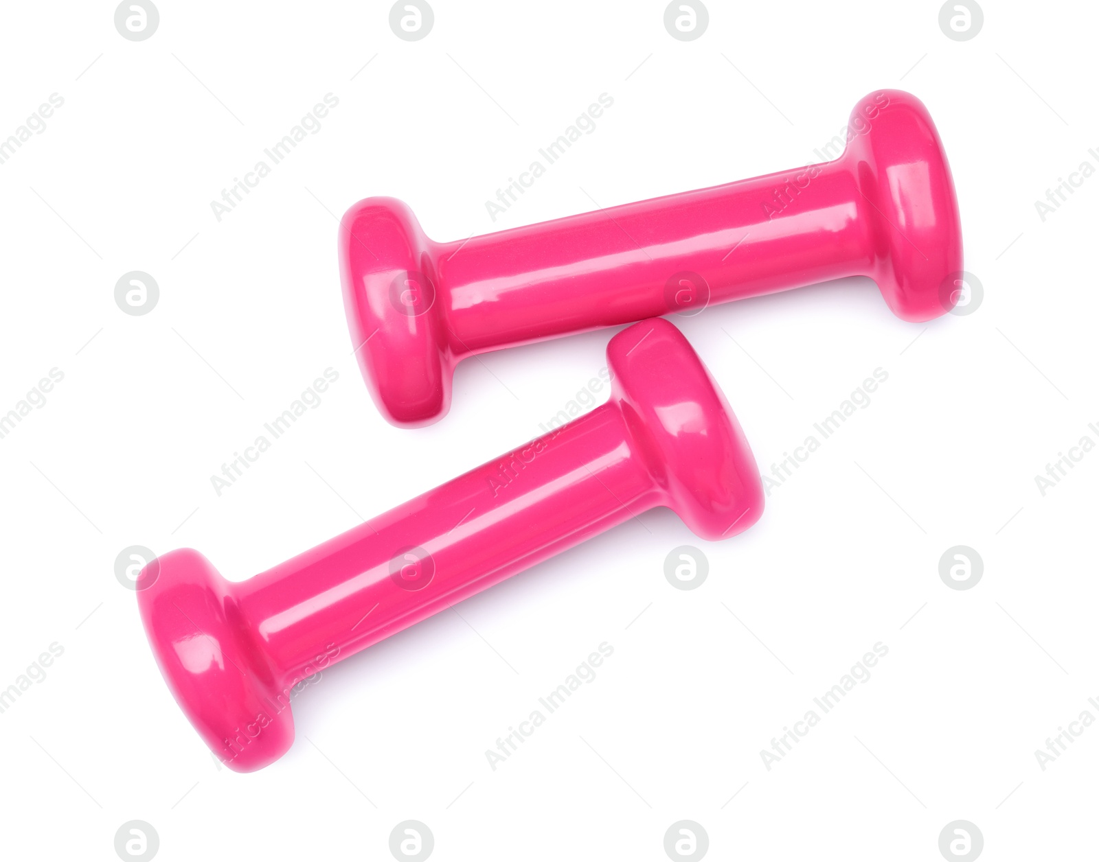 Photo of Pink dumbbells isolated on white, top view. Sports equipment