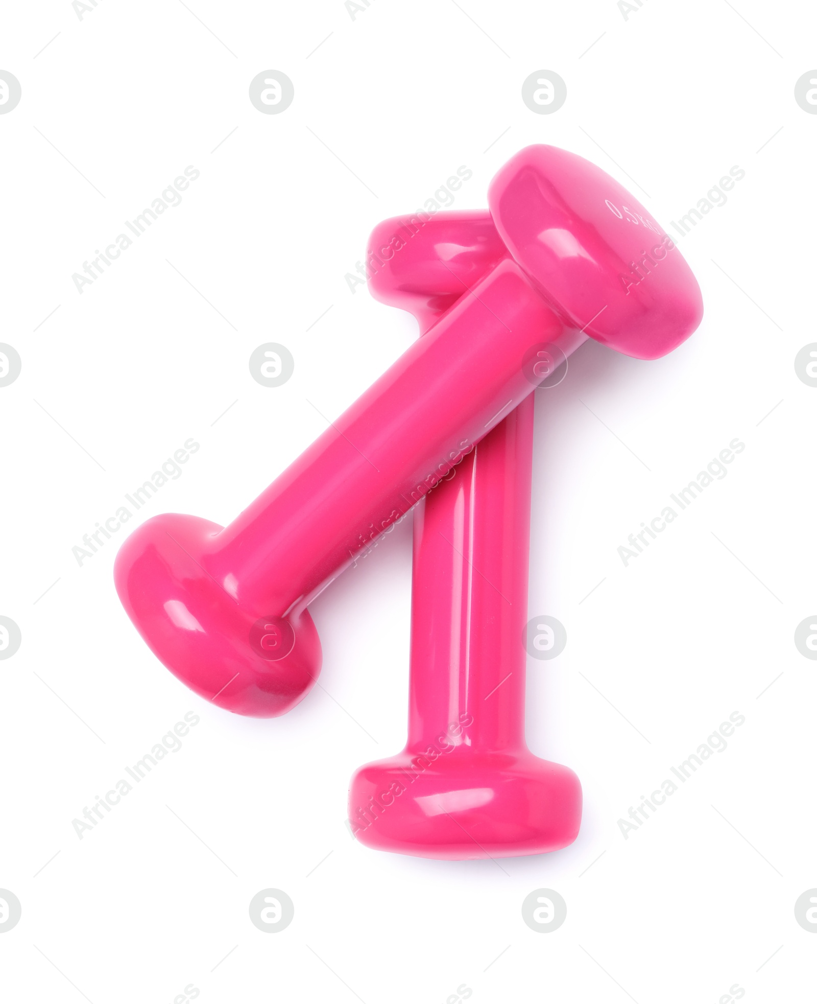 Photo of Pink dumbbells isolated on white, top view. Sports equipment