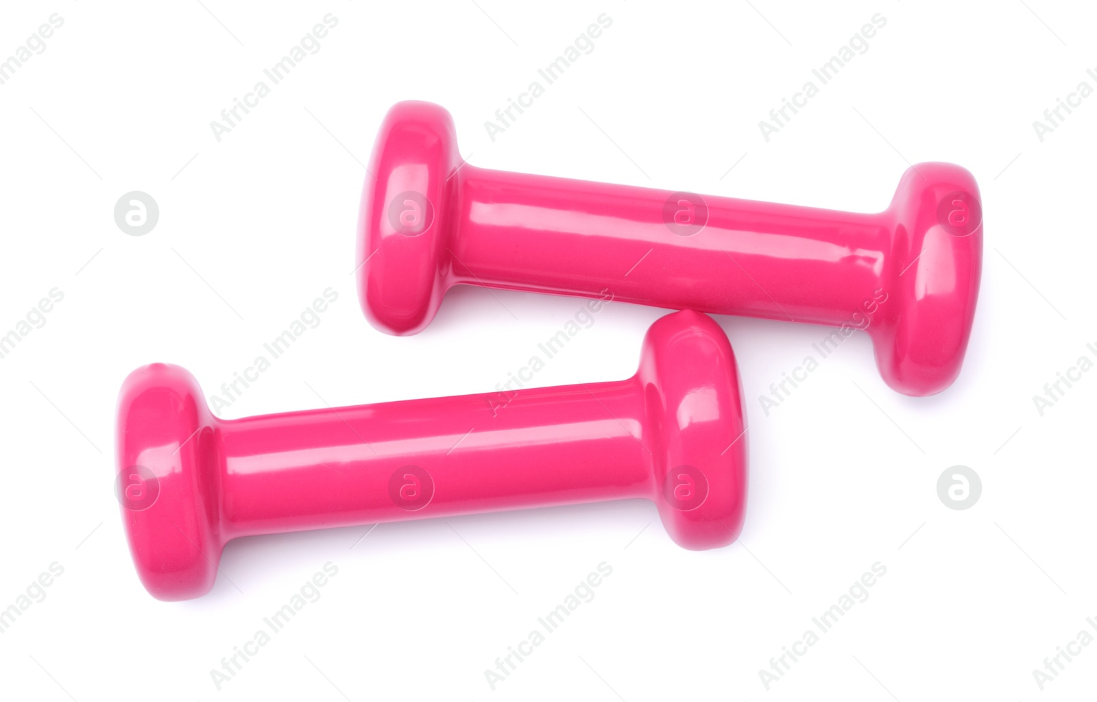 Photo of Pink dumbbells isolated on white, top view. Sports equipment