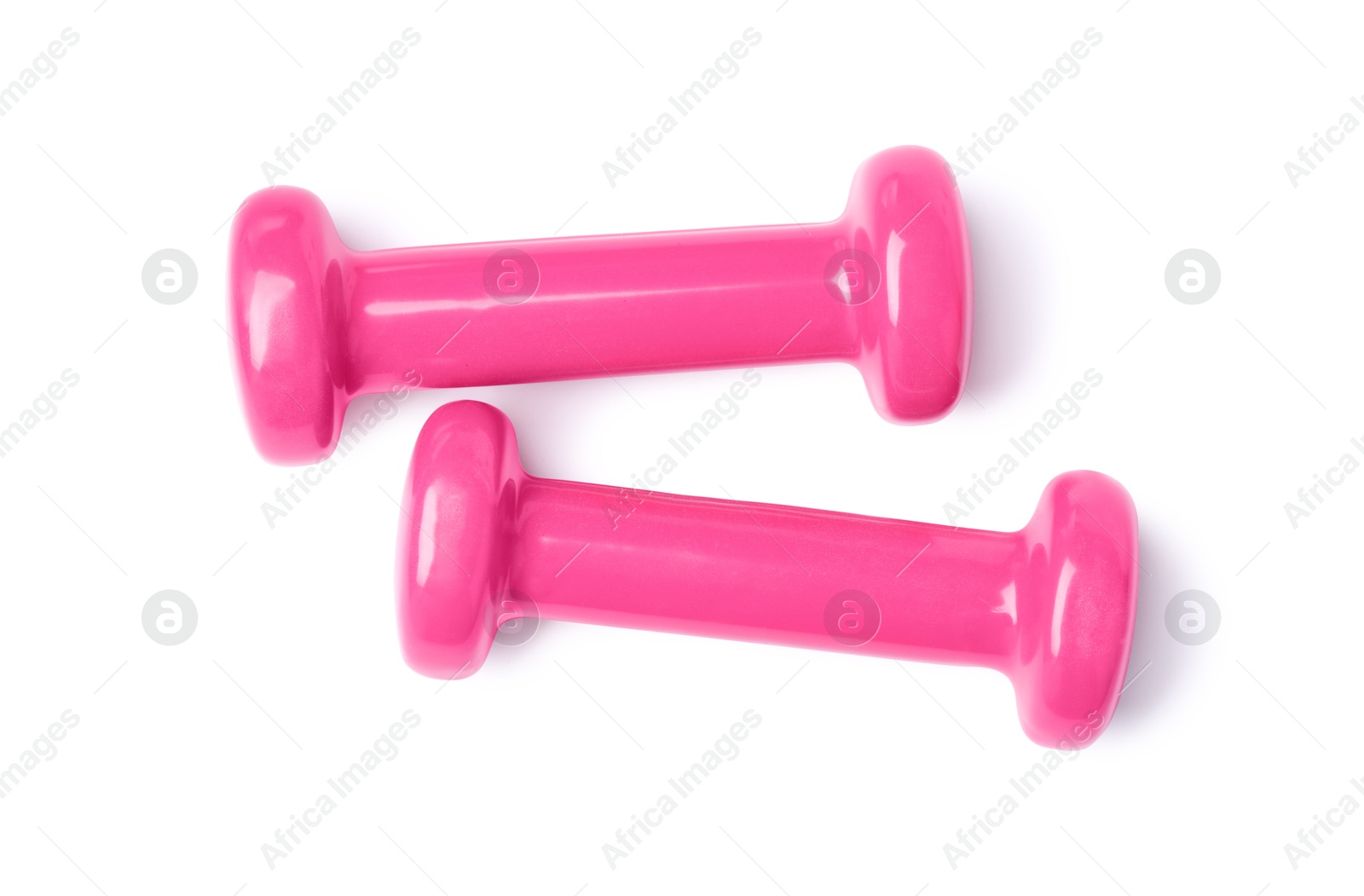 Photo of Pink dumbbells isolated on white, top view. Sports equipment