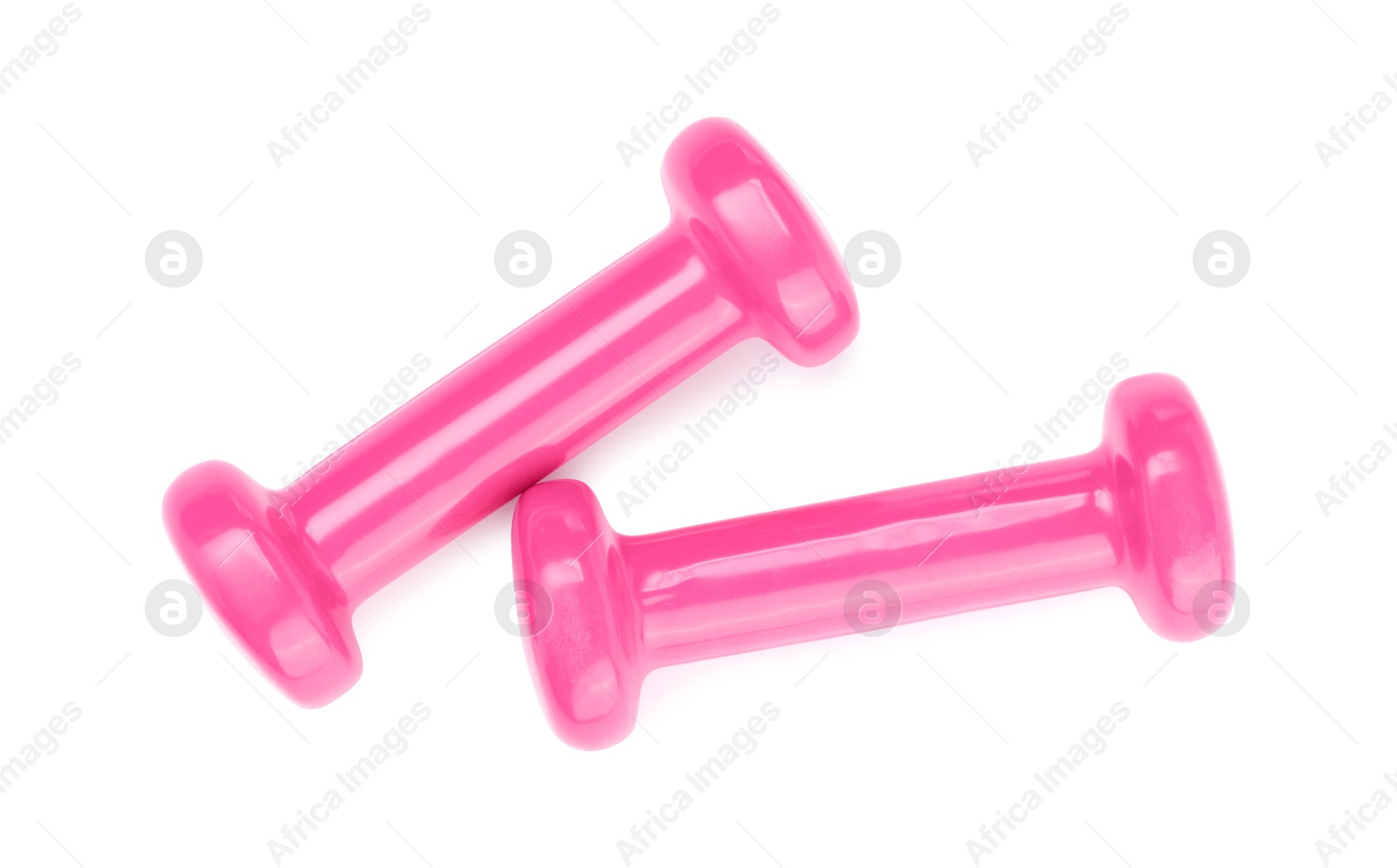 Photo of Pink dumbbells isolated on white, top view. Sports equipment