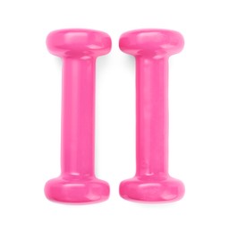 Pink dumbbells isolated on white, top view. Sports equipment