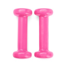 Photo of Pink dumbbells isolated on white, top view. Sports equipment