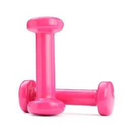 Pink dumbbells isolated on white. Sports equipment