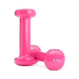 Photo of Pink dumbbells isolated on white. Sports equipment