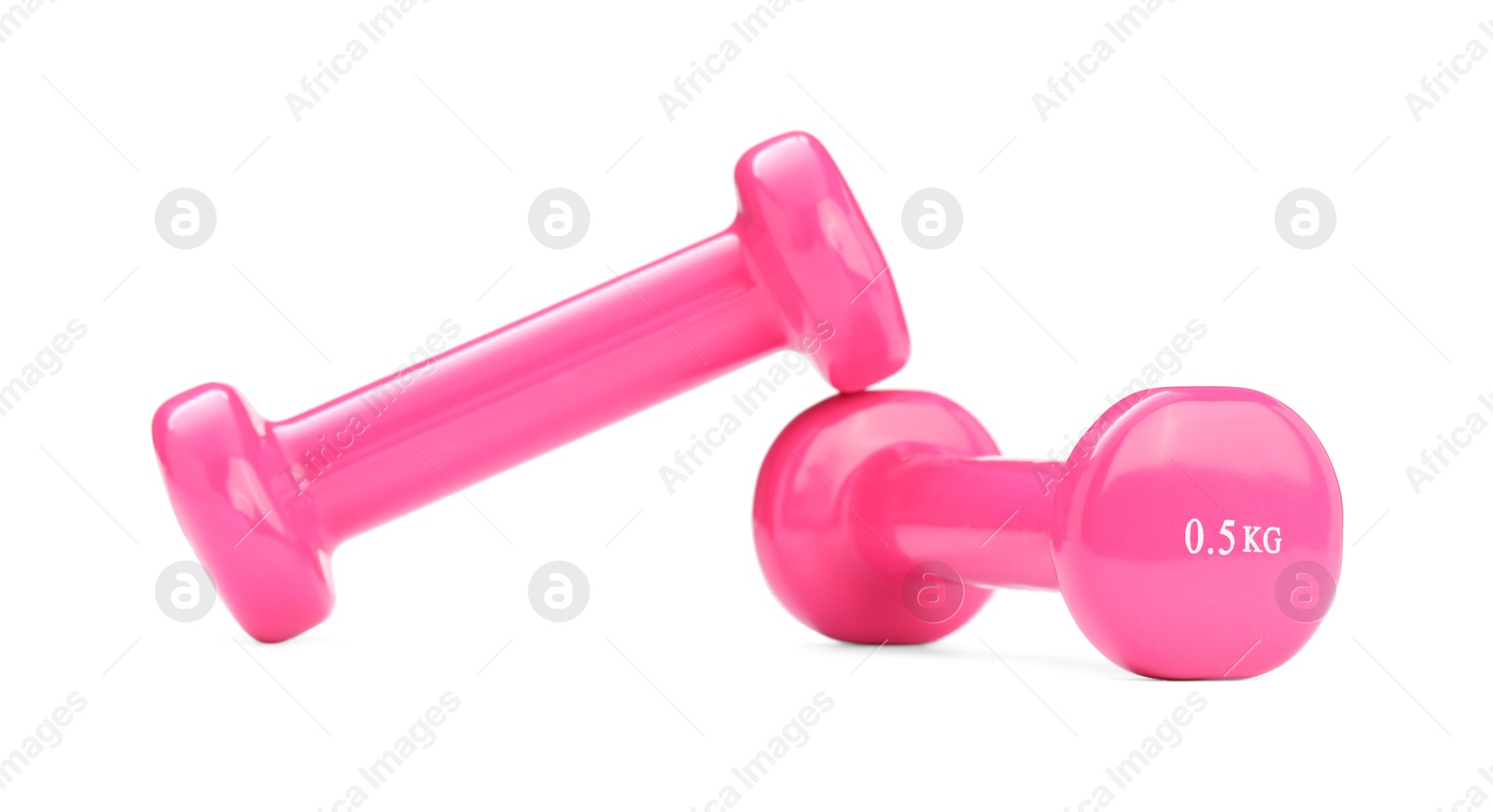 Photo of Pink dumbbells isolated on white. Sports equipment