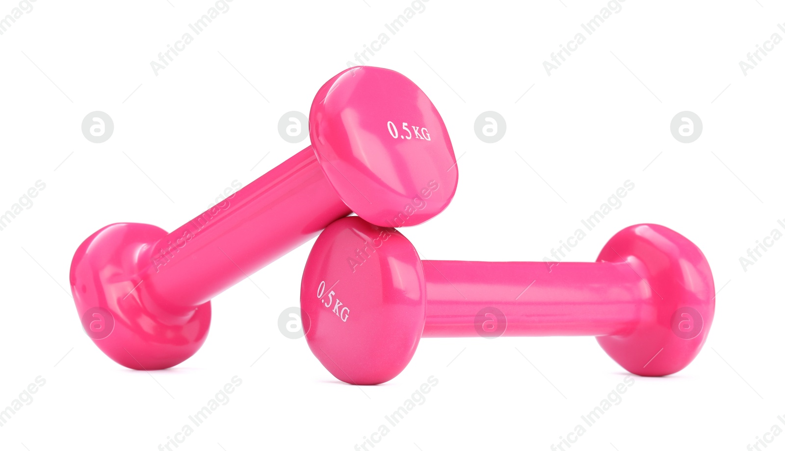 Photo of Pink dumbbells isolated on white. Sports equipment