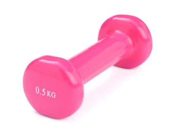 Photo of Pink dumbbell isolated on white. Sports equipment