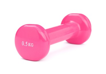Pink dumbbell isolated on white. Sports equipment