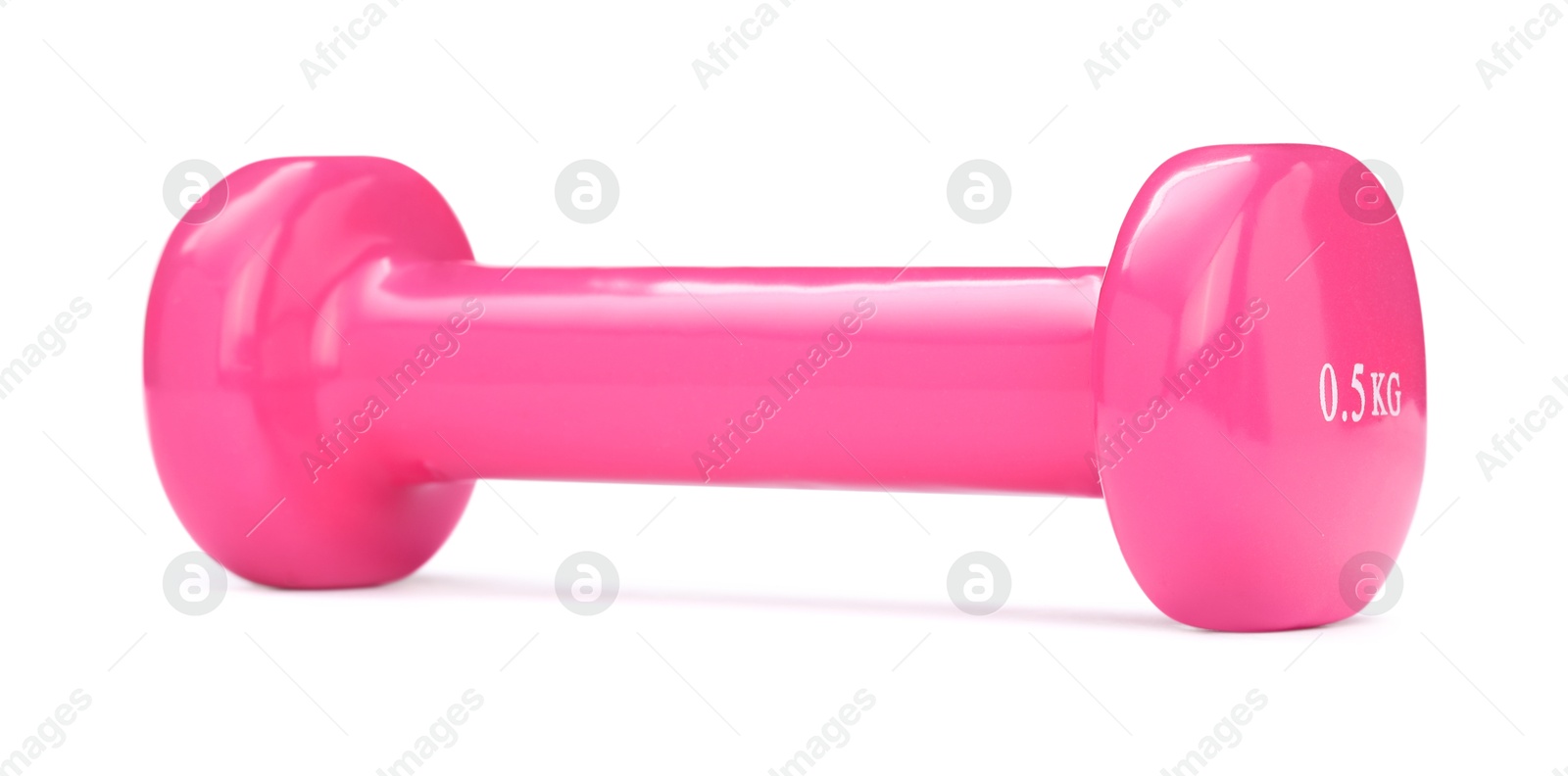 Photo of Pink dumbbell isolated on white. Sports equipment