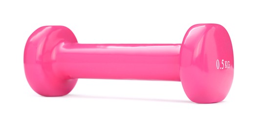 Pink dumbbell isolated on white. Sports equipment