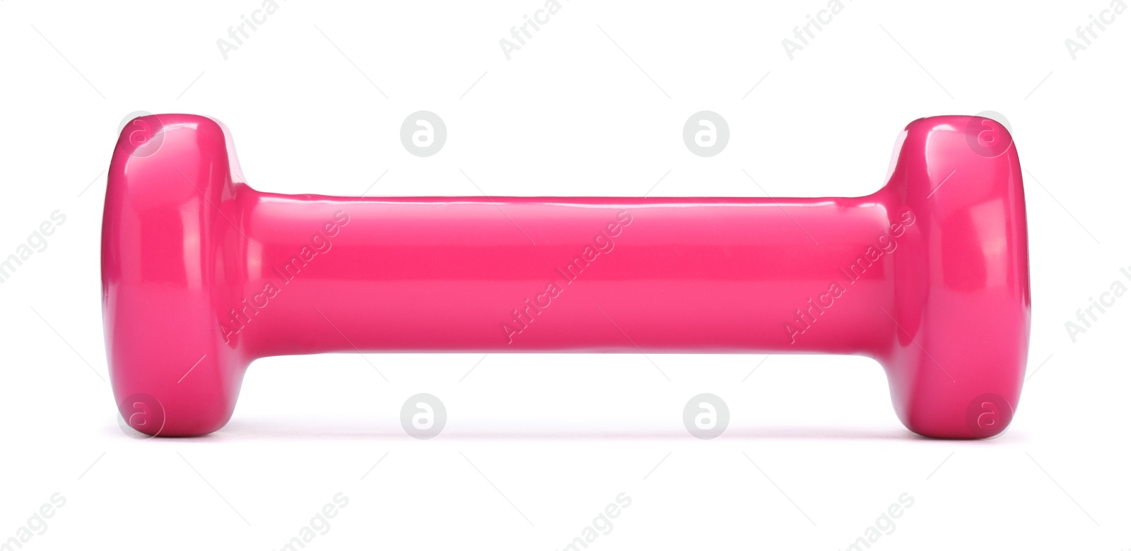 Photo of Pink dumbbell isolated on white. Sports equipment