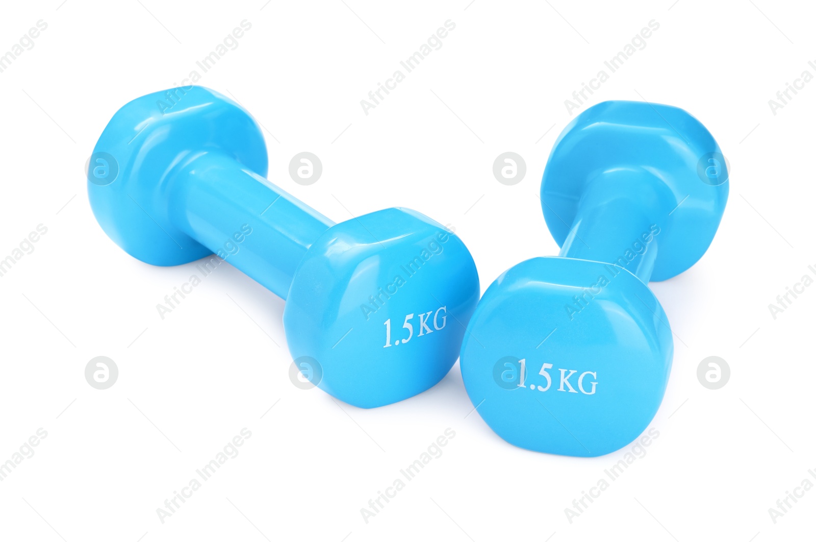 Photo of Light blue dumbbells isolated on white. Sports equipment