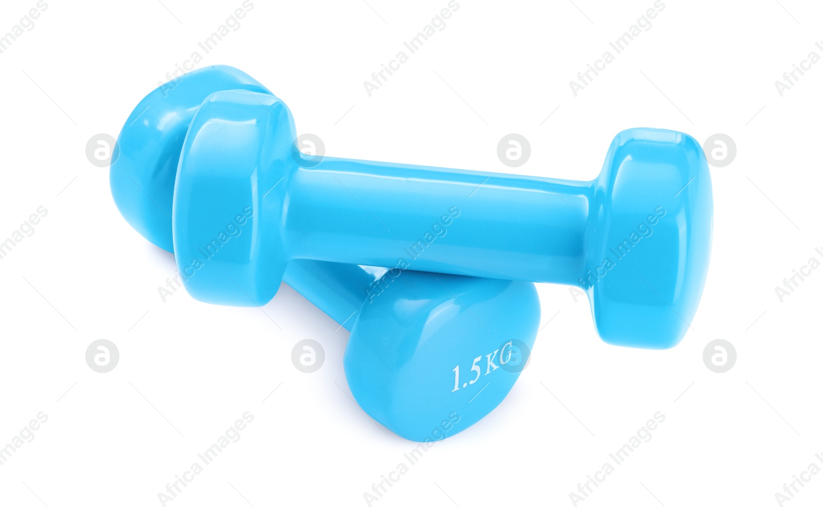 Photo of Light blue dumbbells isolated on white. Sports equipment