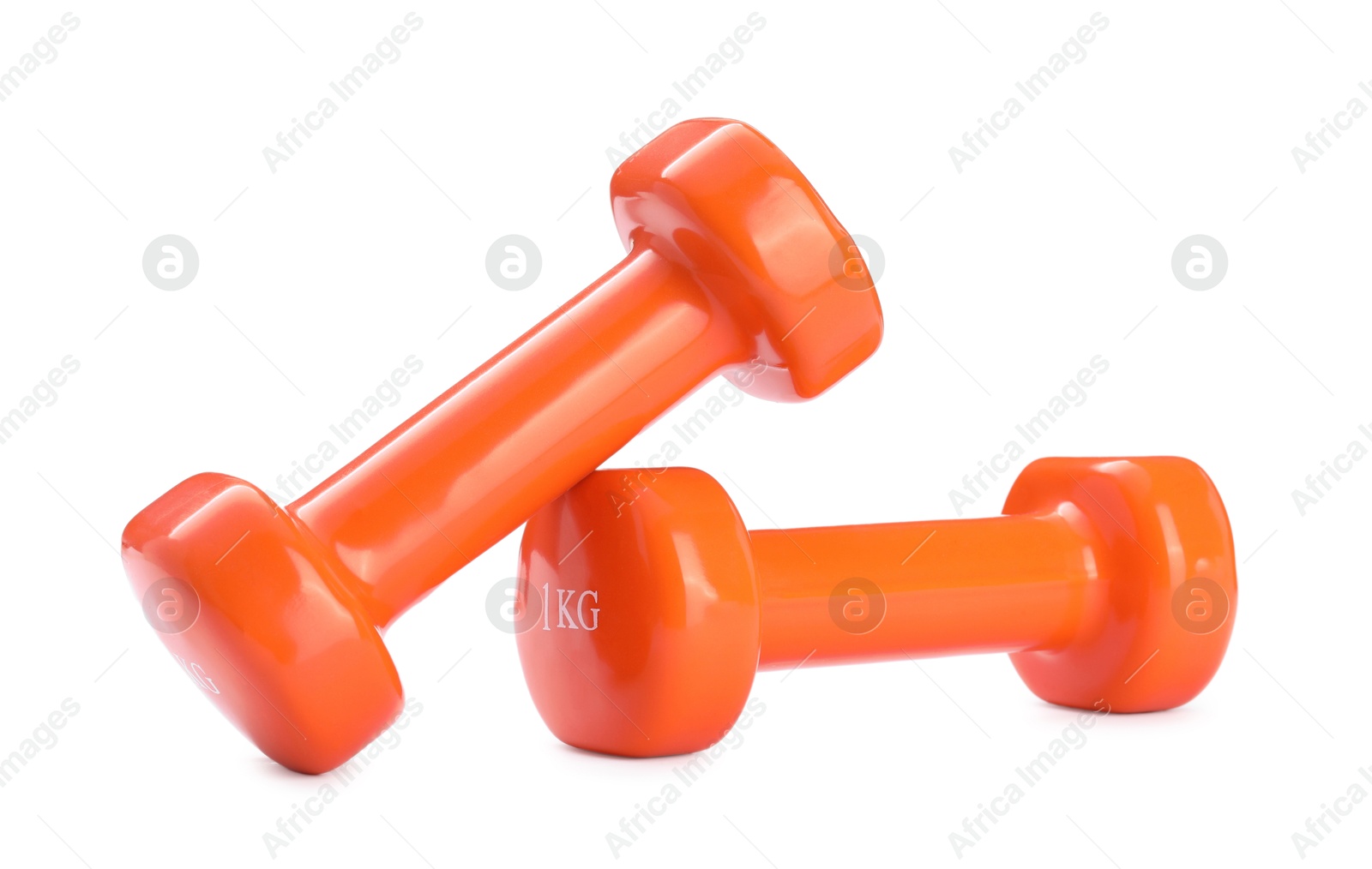 Photo of Orange dumbbells isolated on white. Sports equipment