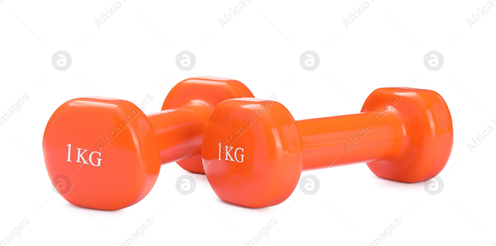 Photo of Orange dumbbells isolated on white. Sports equipment