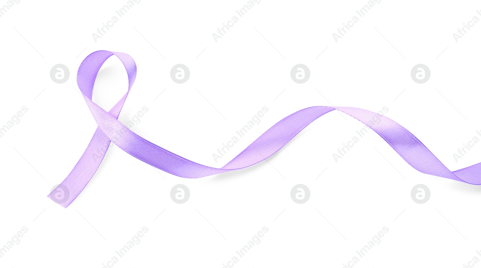 Photo of Violet awareness ribbon isolated on white, top view