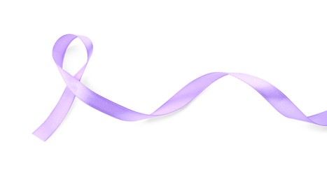 Photo of Violet awareness ribbon isolated on white, top view