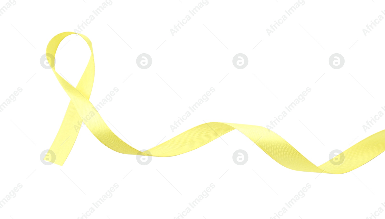 Photo of Yellow awareness ribbon isolated on white, top view