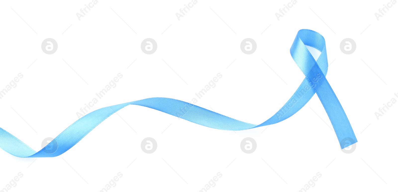 Photo of Light blue awareness ribbon isolated on white, top view