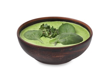 Photo of Delicious spinach cream soup with fresh leaves and microgreens in bowl isolated on white