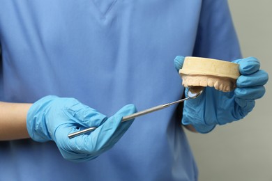 Doctor holding dental model with jaw and tool on grey background, closeup. Cast of teeth