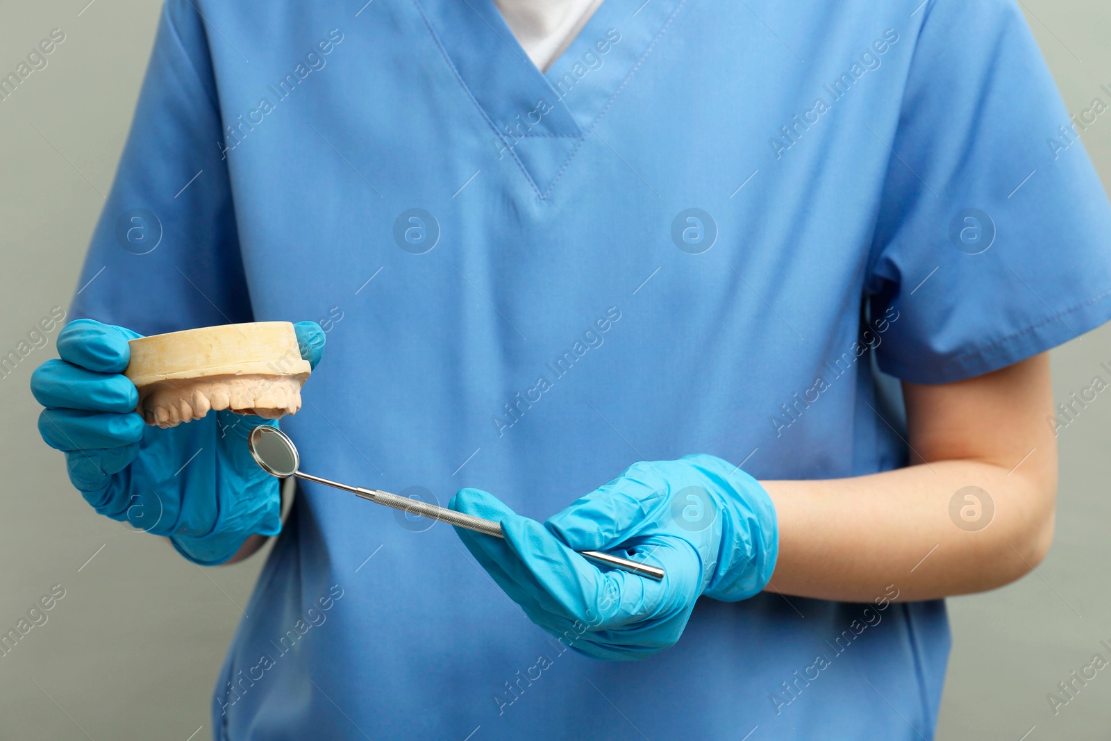 Photo of Doctor holding dental model with jaw and tool on grey background, closeup. Cast of teeth