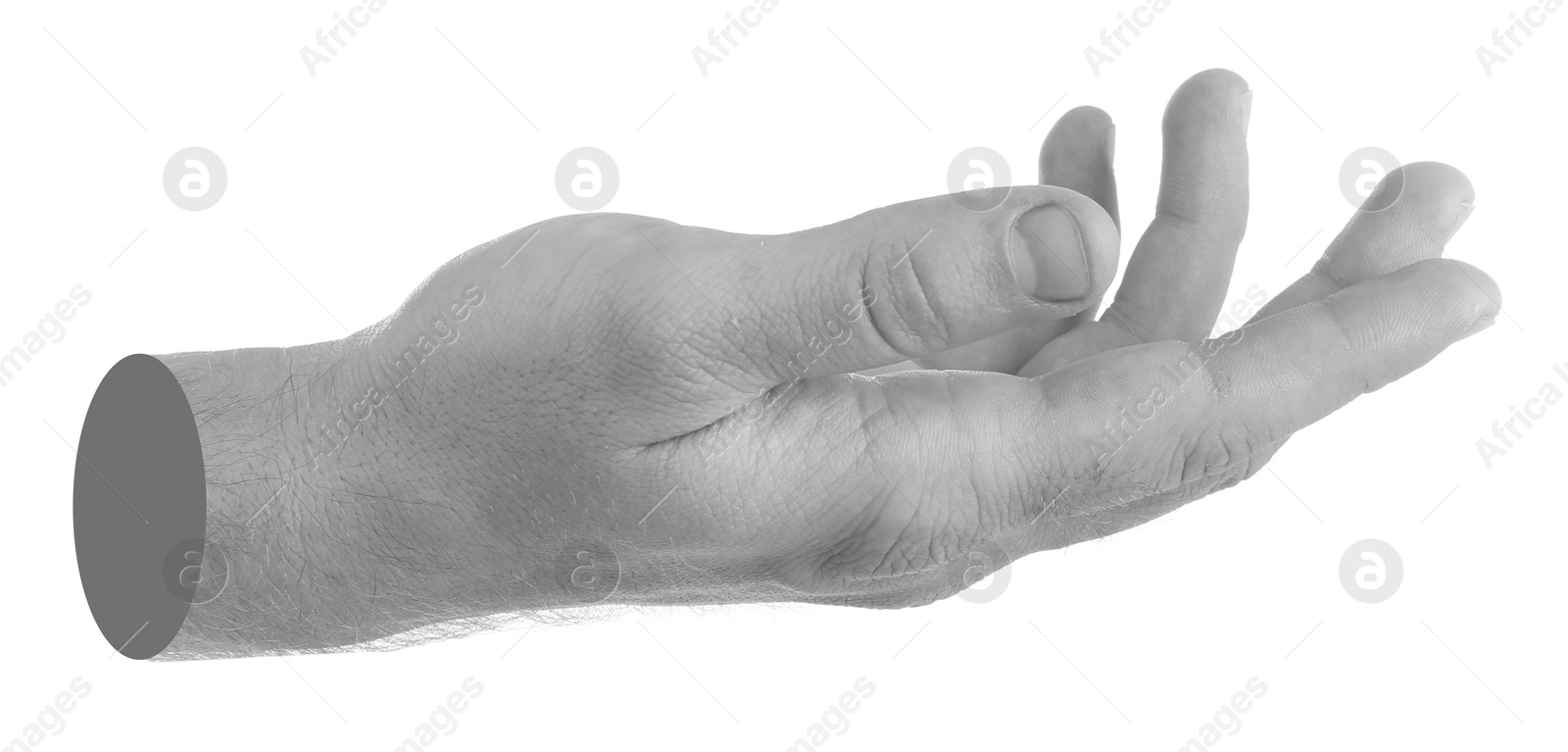 Image of Man's hand holding something on white background. Black and white effect