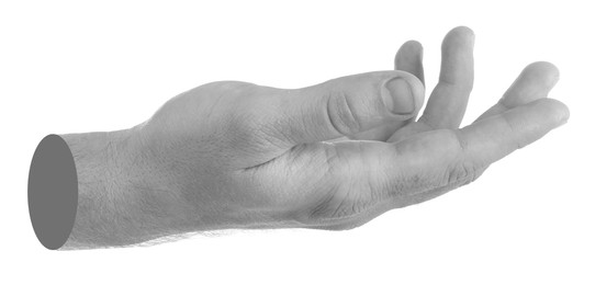 Image of Man's hand holding something on white background. Black and white effect