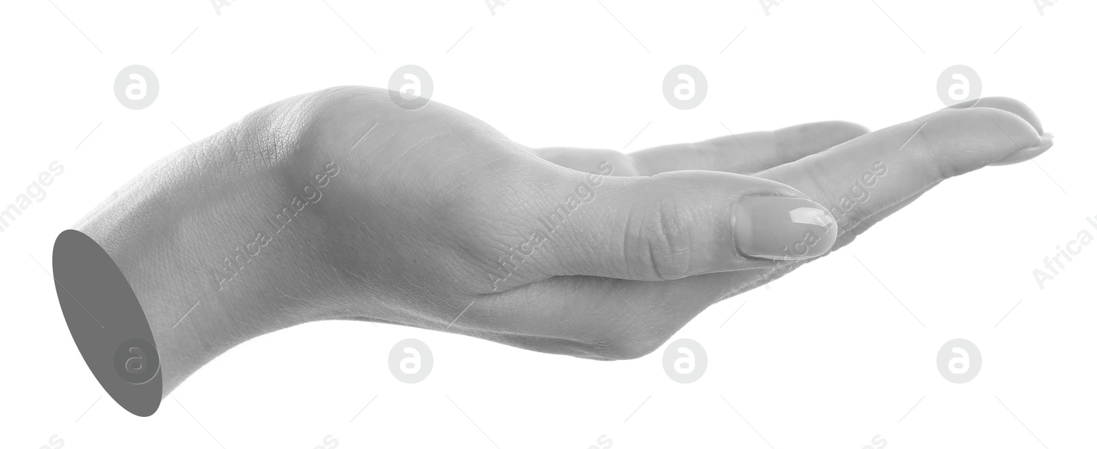 Image of Woman's hand holding something on white background. Black and white effect