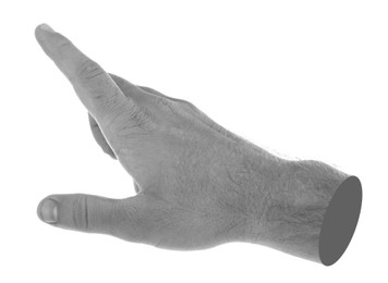 Image of Man's hand pointing at something on white background. Black and white effect