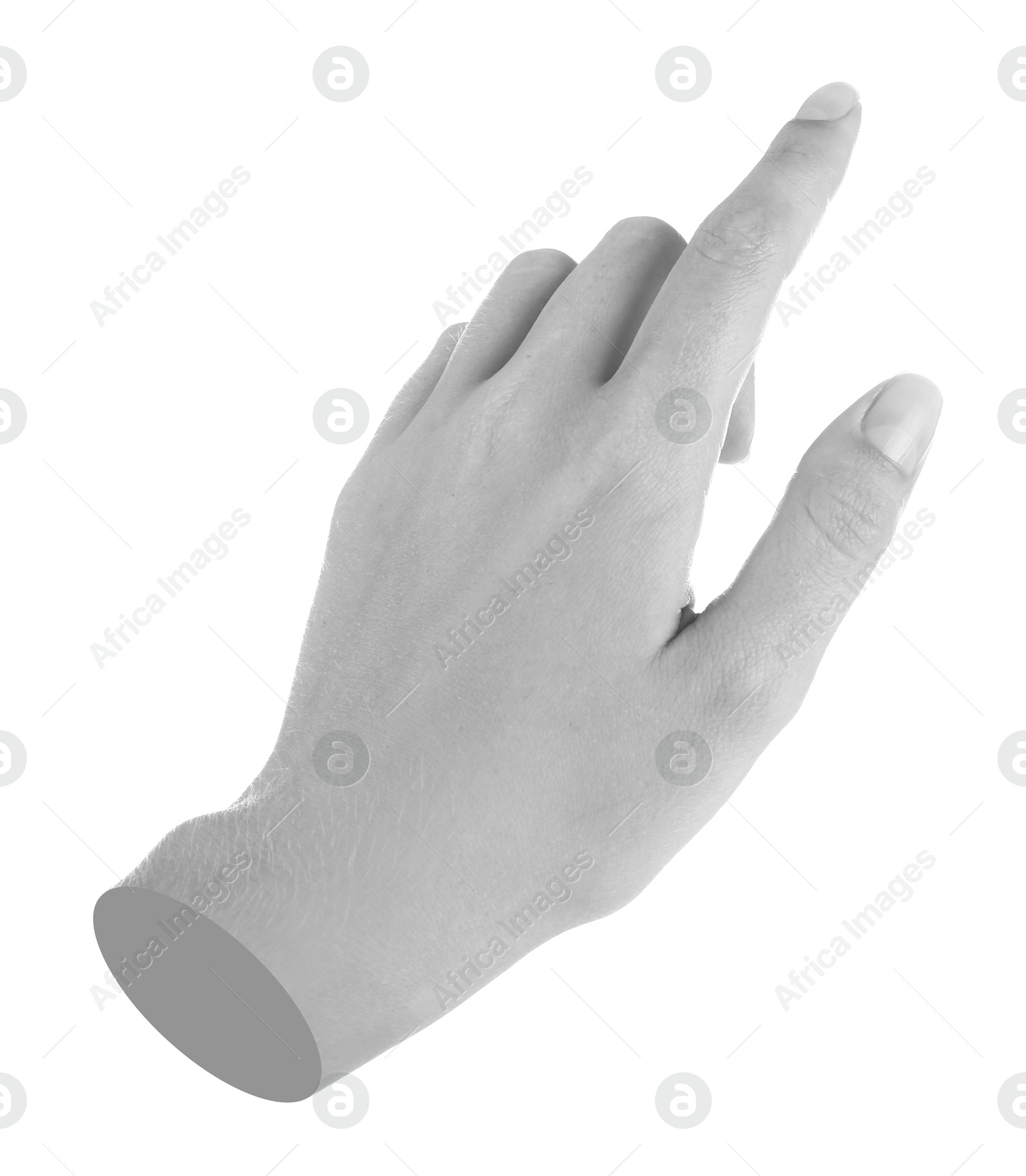 Image of Woman's hand pointing at something on white background. Black and white effect