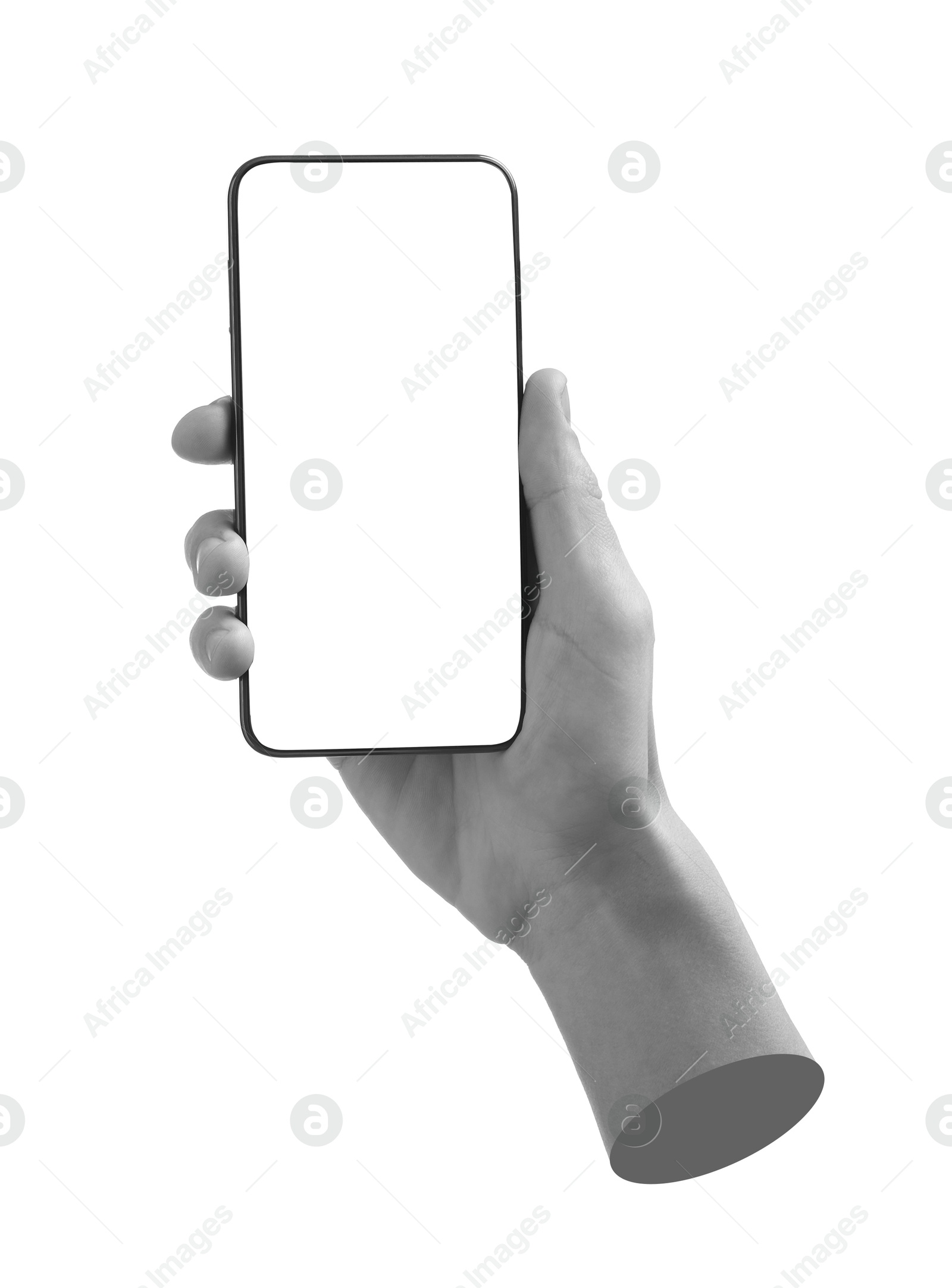 Image of Man's hand holding mobile phone with empty screen isolated on white. Black and white effect