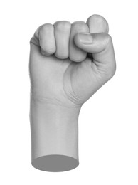 Image of Woman's hand clenched in fist on white background. Black and white effect