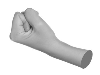 Image of Woman's hand clenched in fist on white background. Black and white effect