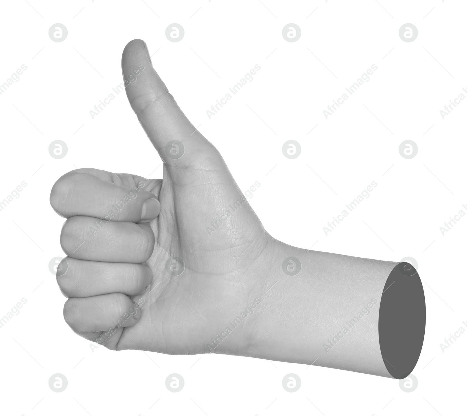 Image of Woman's hand showing thumbs up on white background. Black and white effect