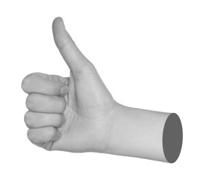 Image of Woman's hand showing thumbs up on white background. Black and white effect