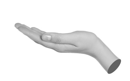 Image of Woman's hand holding something on white background. Black and white effect