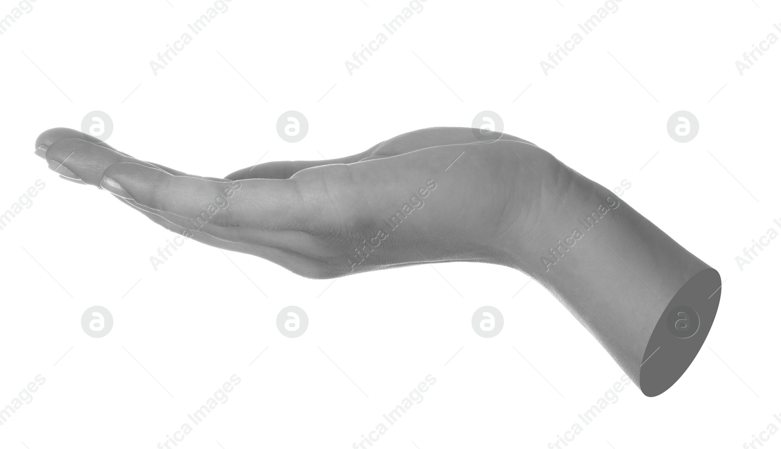 Image of Woman's hand holding something on white background. Black and white effect