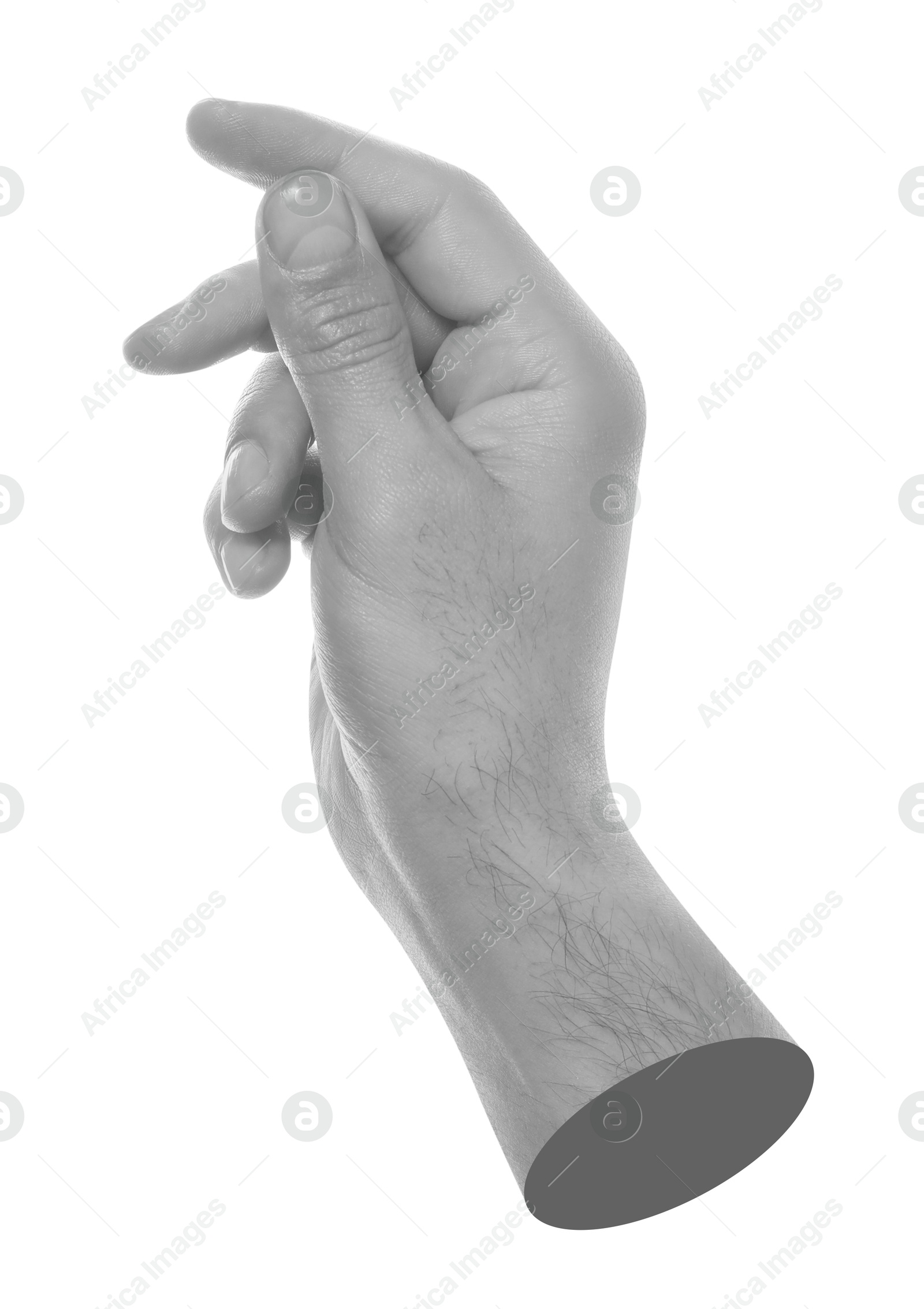 Image of Man's hand on white background. Black and white effect