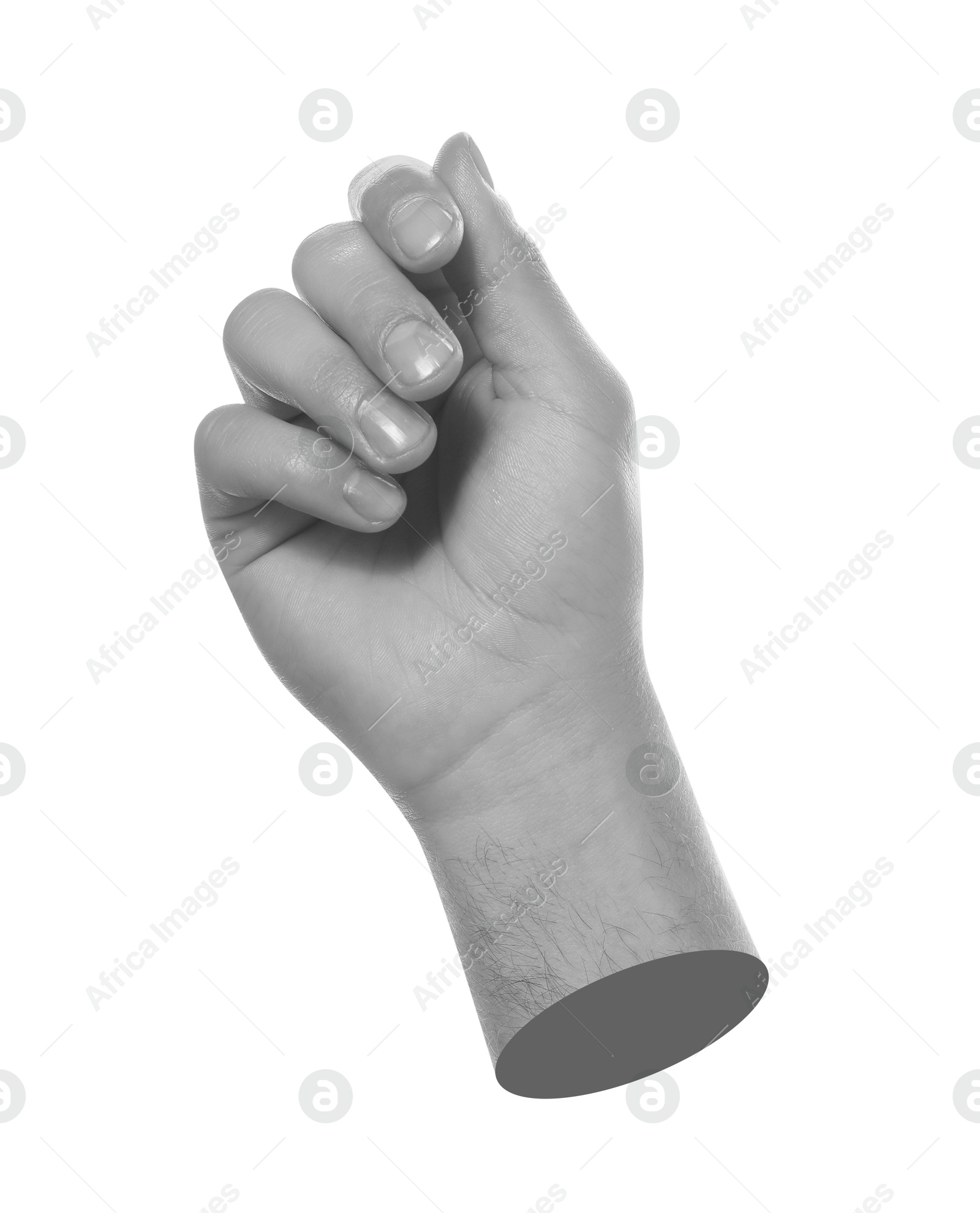 Image of Man's hand on white background. Black and white effect