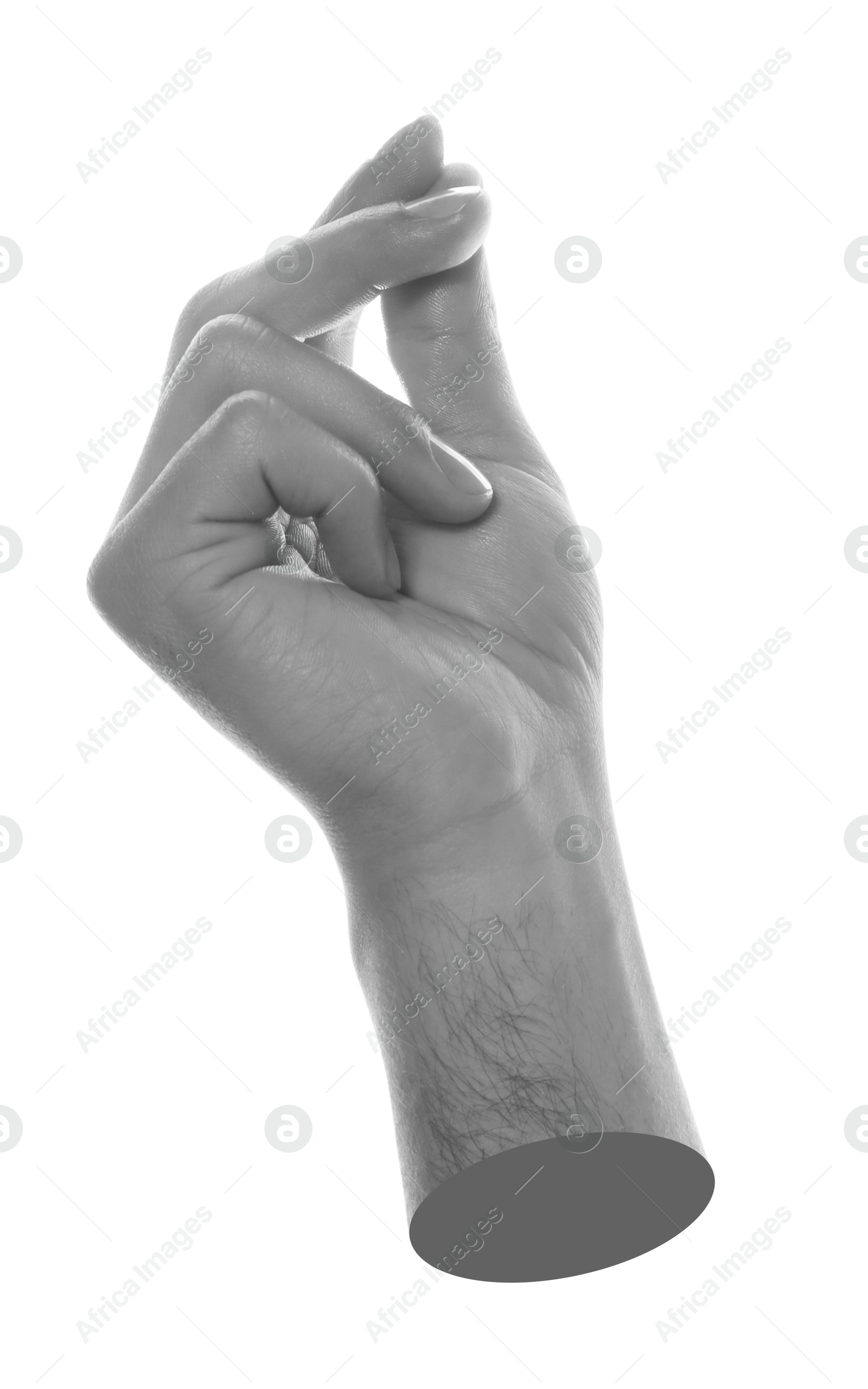 Image of Man's hand on white background. Black and white effect