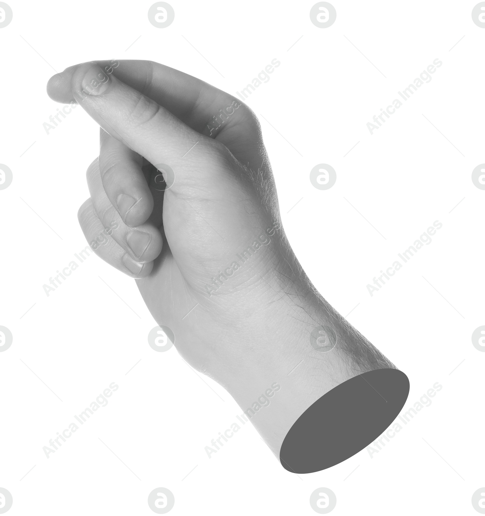 Image of Man's hand on white background. Black and white effect